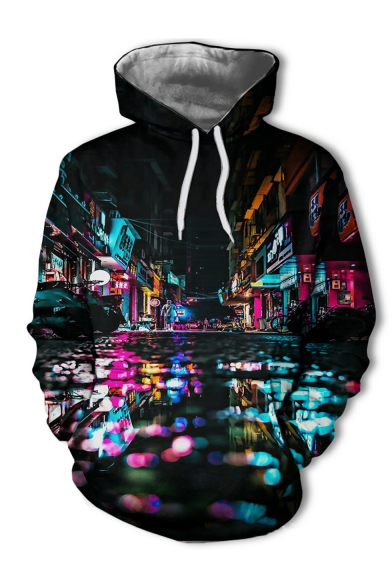 New Stylish Cool City Street 3D Printed Drawstring Hooded Long Sleeve Black Pullover Hoodie