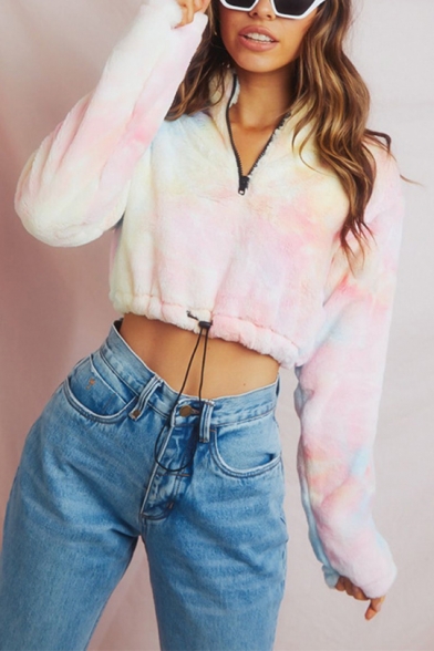 New Stylish Half-Zip Stand Up Collar Colorful Long Sleeve Fluffy Teddy Cropped Sweatshirt