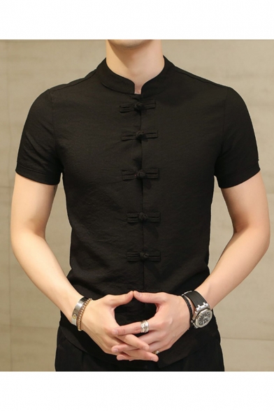 New Stylish Retro Chinese Style Short Sleeves Plain Disc Buckle Linen Shirt for Men