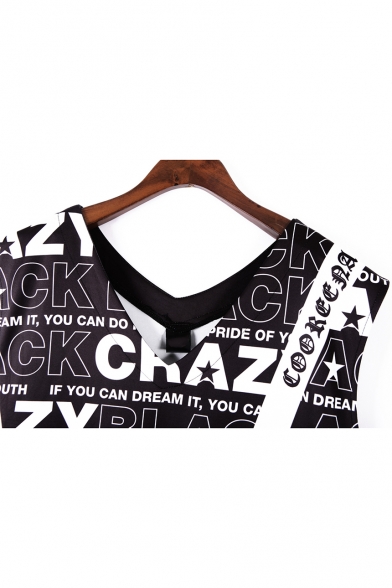 New Trend V-Neck Sleeveless Letter Star Slit Black Midi Shift T-Shirt Tank Dress