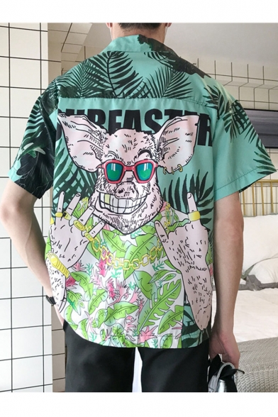 New Trendy Cool Cartoon Pig Pattern Basic Short Sleeve Button Up Unisex Beach Shirt