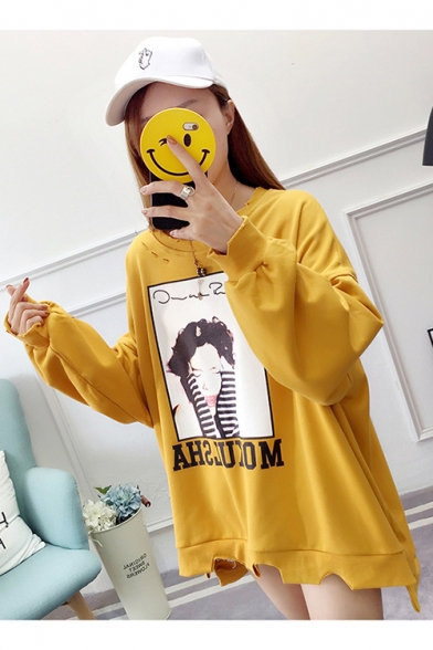 New Trendy Cut Out 58 Letter Girl Printed Round Neck Long Sleeve Loose Pullover Sweatshirt