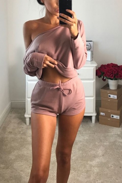 Off Shoulder Long Sleeve Cropped Tee With Drawstring Waist Shorts Loose Two Piece Set