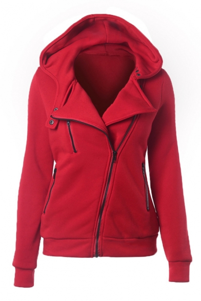 Plain Long Sleeve Notched Lapel Zipper Perforated Warming Hooded Coat