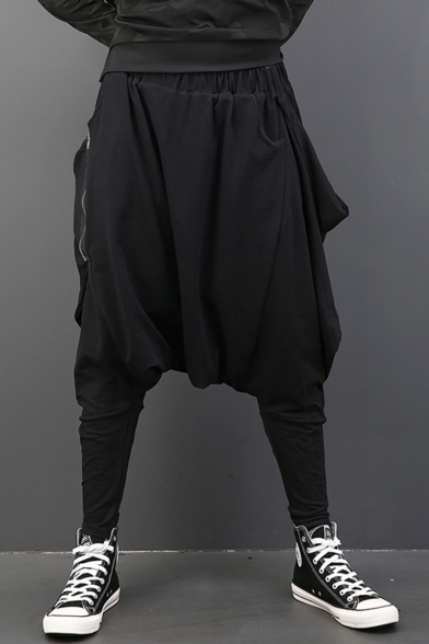 Popular Fashion Zip Embellished Simple Plain Black Loose Drop-Crotch Harem Pants for Men