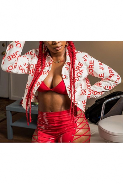 Red Letter Printed Lapel Collar Single Breasted Chest Pockets Long Sleeve Casual Cropped Jacket