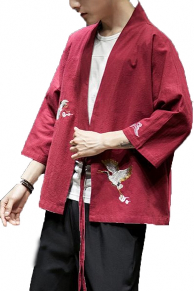 Retro Chinese Style Three-Quarter Sleeves Ukiyo-e Crane Embroidery Linen Cotton Cardigan Kimono Blouse for Men