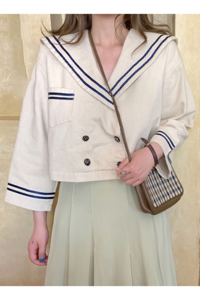 Sailor Collar Stripes Patch Pocket Double Breasted Preppy Chic Cropped Coat Jacket