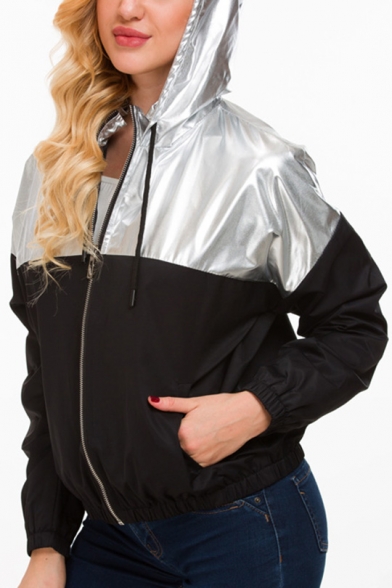 Sliver Metallic Panel Drawstring Hooded Long Sleeve Pocket Zipper Jacket Coat