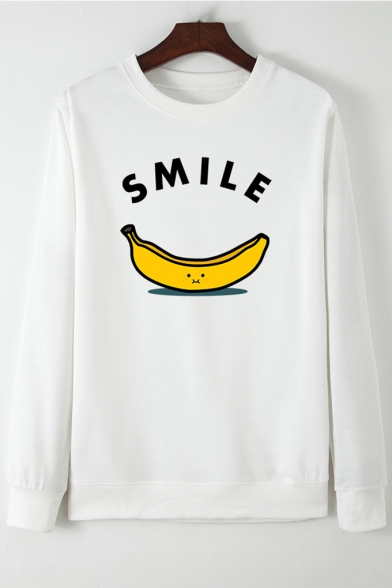 SMILE Letter Banana Printed Round Neck Long Sleeve Relaxed Pullover Sweatshirt