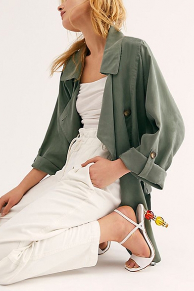 Solid Color Lapel Collar Adjustable Long Sleeve Drawstring Back Trench Coat