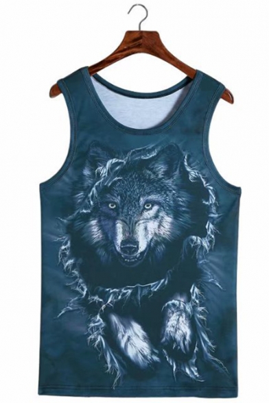 Stylish Mens Sleeveless Round Neck Ripped Wolf Printed Slim Fitted Blue Tank Top