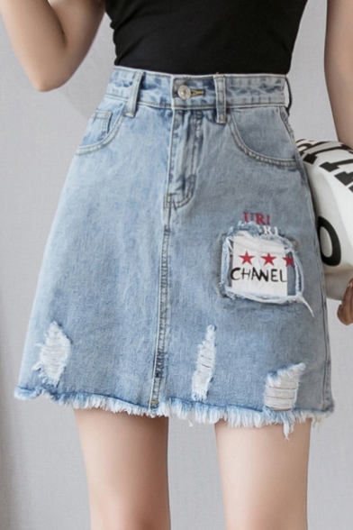 

Summer Blue High Waist Distress Letter Star Printed Raw Hem Mini A-Line Denim Skirt, LM551997