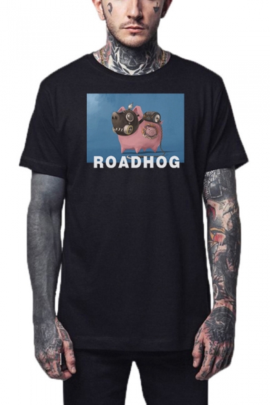 Summer Hot Fashion Short Sleeve Round Neck ROADHOG Letter Pig Printed Loose Funny T-Shirt