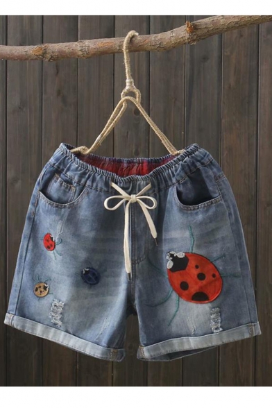 Summer Hot Popular Elastic Waist Turn Up Washed Ladybug Patched Denim Shorts