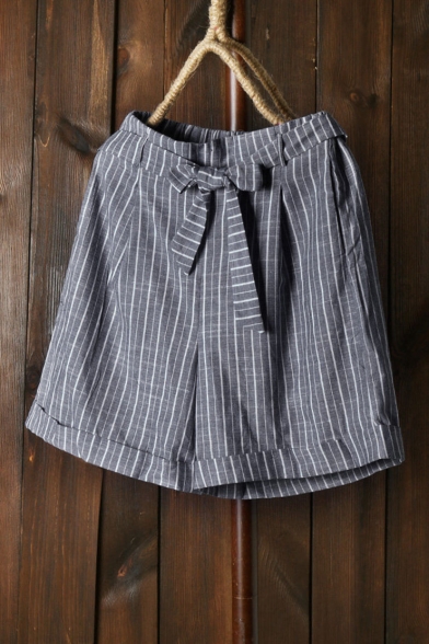 Summer Hot Stylish Vertical Striped Bow Tie Turn Up Casual Loose Wide Leg Shorts