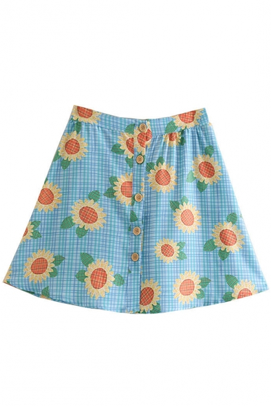Summer New Arrival Blue High Waist Check Sunflower Printed Single Breasted Holiday Mini A-Line Skirt