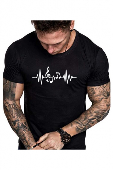 Summer New Stylish Cardiogram Music Symbol Printed Round Neck Short Sleeve T-Shirt