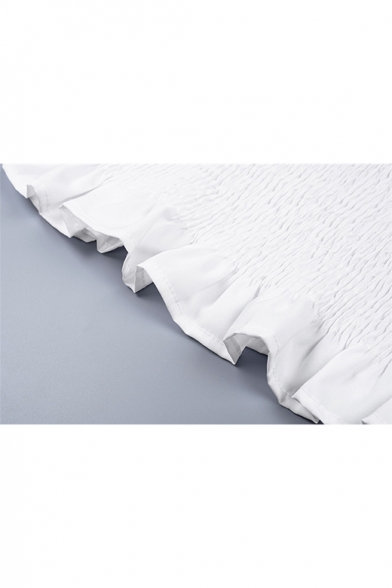 Summer New Trendy Plain Square Neck Long Sleeve Frill Detail White Blouse Top