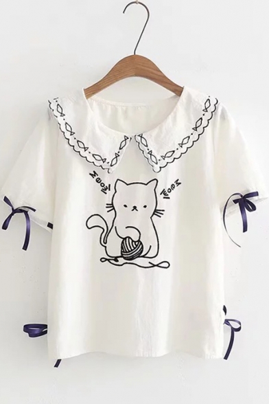 Summer Short Sleeve Scallop Collar Cat Embroidered Bow Tie Cotton Linen T-Shirt