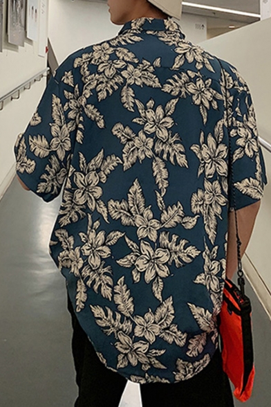 Summer Stylish Hawaiian Floral Printed Short Sleeve Button Up Loose Shirt for Men