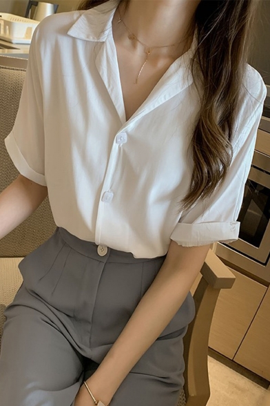 Summer Womens Trendy Plain Lapel Collar Rolled Short Sleeve Button Shirt