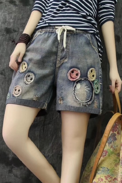 Sweet Womens Vintage Drawstring Waist Smile Face Embroidery Straight Denim Shorts
