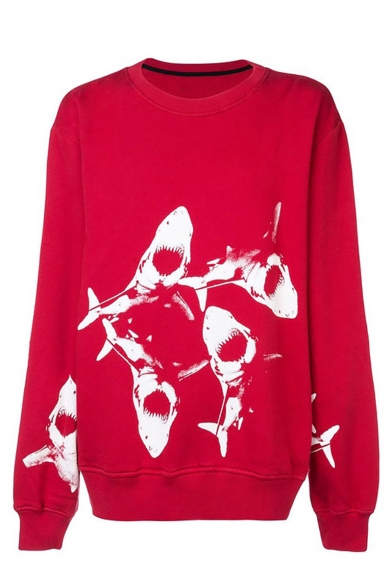 Trendy Cartoon Shark Printed Round Neck Long Sleeve Unisex Casual Pullover Sweatshirts