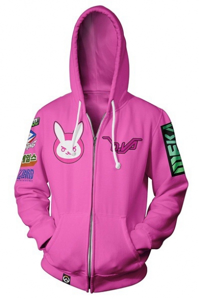 Trendy DVA Comic Rabbit Logo Printed Long Sleeve Zip Up Fitted Hoodie