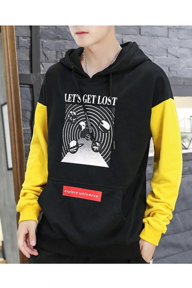 Trendy Letter LET'S GET LOST Stripe Planet Printed Colorblock Long Sleeve Casual Pullover Hoodie