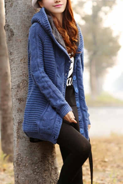 Trendy Plain Cable Knit Long Sleeve Hoodie Open Front Longline Cardigan with Fluff