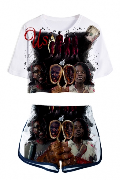 US Thriller Film Figure Printed Short Sleeve Crop Tee with Sport Dolphin Shorts Two-Piece Co-ords