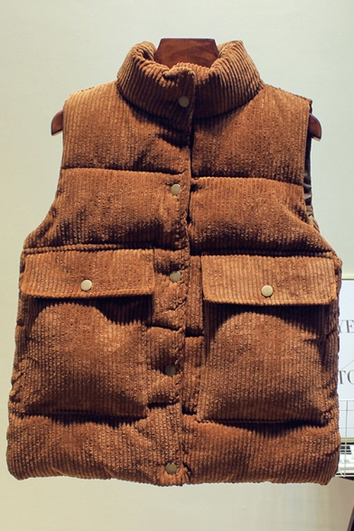 Winter Plain Stand Collar Sleeveless Flap Pockets Corduroy Vest Down Coat