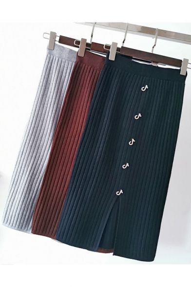 Women Elegant Note Button Embellished Split Front Knit Pencil Skirt
