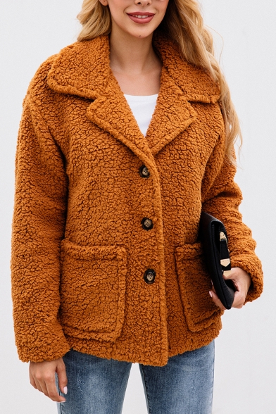Women Fashionable Notched Lapel Single Breasted Long Sleeve Wool Coat with Pockets