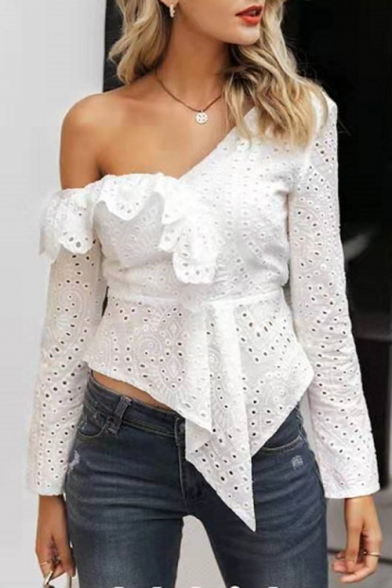 Women's Basic Long Sleeve Oblique Shoulder Plain Hollow Out Asymmetric Hem White Shirt