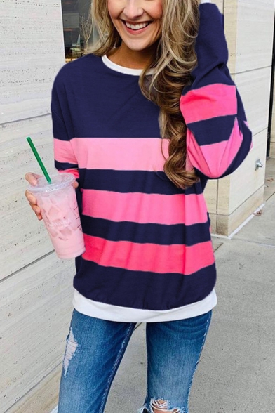 Women's Color block Stripe Print Long Sleeve Round Neck Sweatshirt