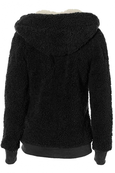 Women's Faux Hooded Zip-Embellished Fur Coat with Two Side-Seam Pockets
