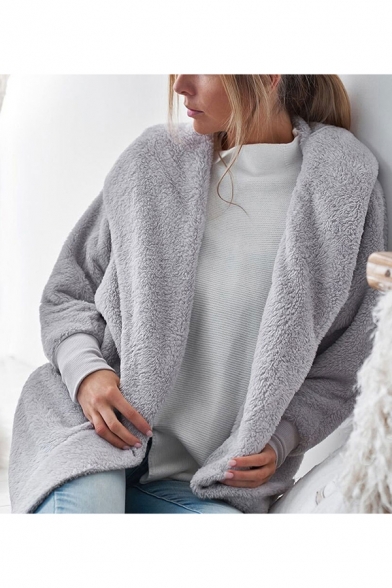Women Warm Plain Loose Open Front Hooded Longline Plush Outerwear Coat