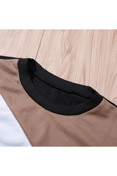 Womens Black Round Neck Long Sleeve Colorblock Pullover Sweatshirt