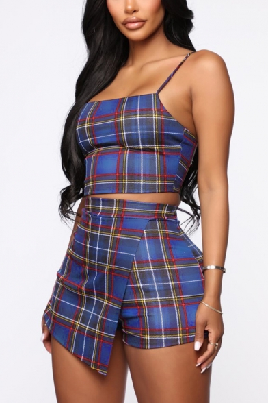 Womens Blue Plaid Printed Straps Sleeveless Cami Top with Skorts Co-ords