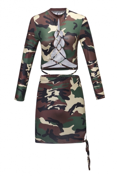 Womens Camouflage Print Front Tie Long Sleeve Round Neck Skinny Tee Stretch Skirt Co-ords