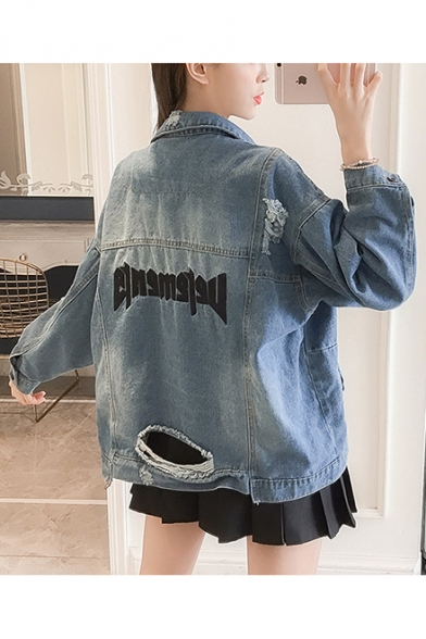 Womens Casual Loose Simple Letter Blue Button Down Ripped Denim Jacket