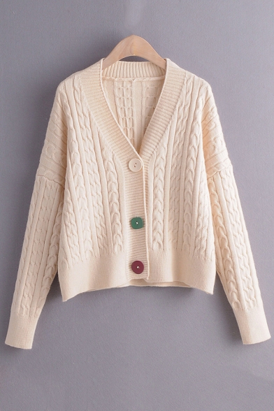 Womens Casual Plain V Neck Ribbed Knit Long Sleeve Open Front Button Cardigan