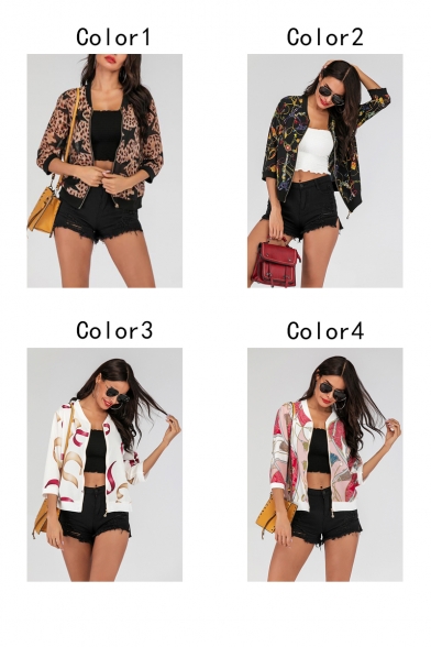 Womens Cool Leopard Chain Printed Long Sleeve Zip Up Short Jacket