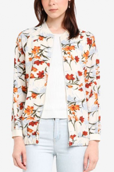 Womens Fancy Floral Pattern Stand Collar Long Sleeve Zip Up Jacket