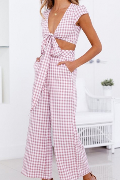 

Womens Fancy Pink Plaid Printed Knotted Crop Top with Wide-Leg Pants Two-Piece Set, LM553059