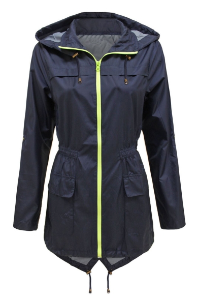 Womens Fashion Plain Outdoor Lightweight Waterproof Hooded Zip Up Long Windbreaker Coat