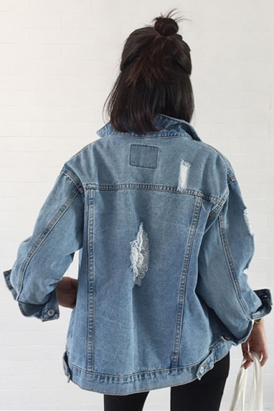 Womens Fashion Retro Washed Blue Distressed Ripped Denim Jacket Coat