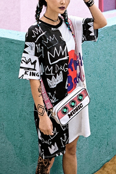 Womens Fashion Round Neck Short Sleeve Black And White Graffiti Print Letter Loose Shift T-Shirt Midi Dress